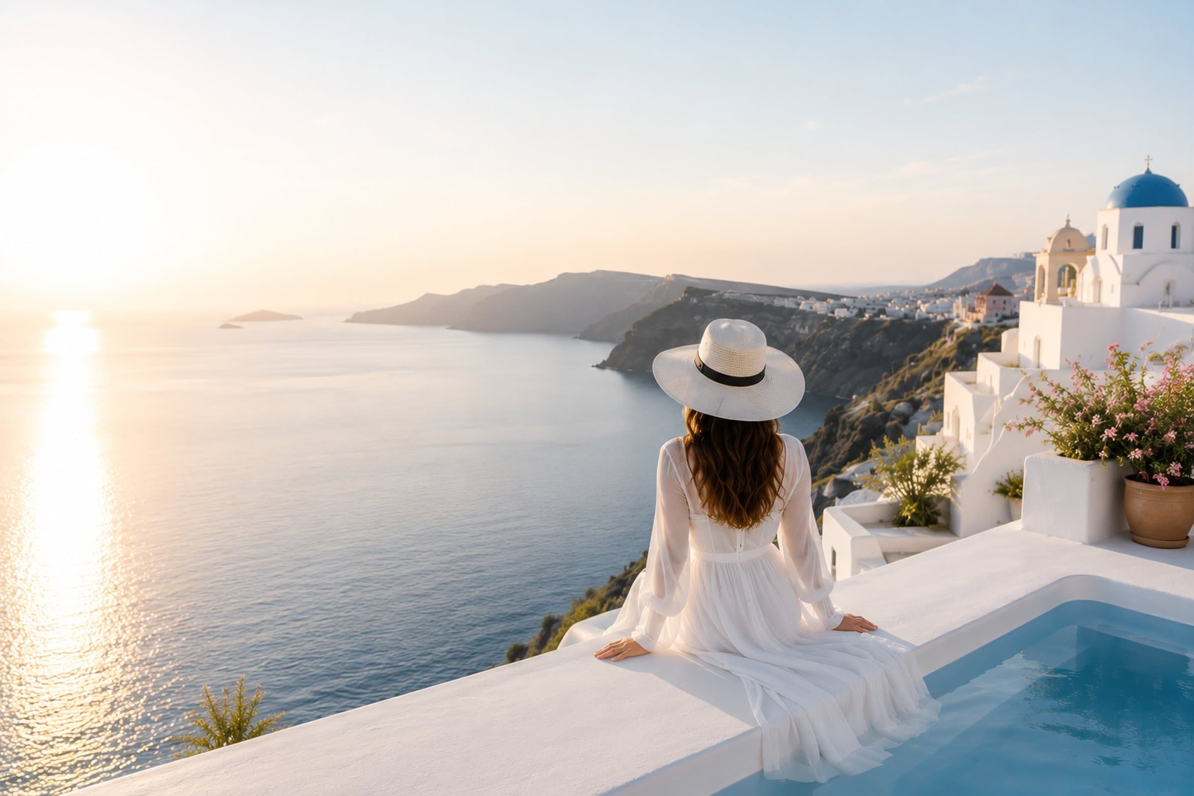 Traveler in white overlooking the caldera and sea in Santorini at sunset